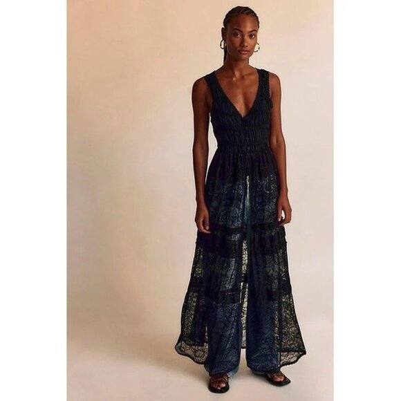 Free People Sweet Saloon Sleeveless Maxi Bodysuit Women L Lace Whimsical Castle - Picture 1 of 8